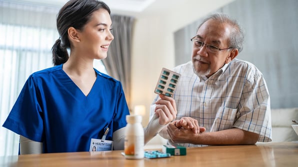Nurse and senior look at medications, nursing home consulting